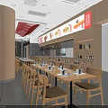 Chinese Restaurant Interior With Banquet Service Menu Display Wooden Counter And Dining Tables