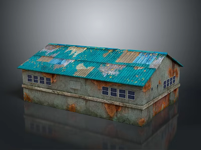 Old Industrial Park Building With Green Rusty Roof Peeling Paint And Gray Walls 3d model