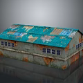 Old Industrial Park Building With Green Rusty Roof Peeling Paint And Gray Walls