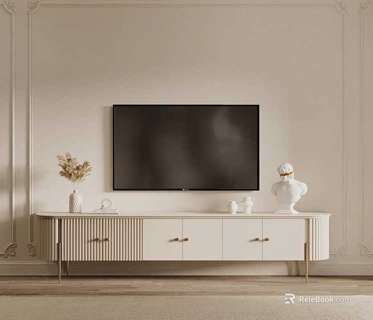 Modern Light Colored TV Stand with Drawers Cabinets Gold Legs and Decorative Vase Figurine 3d model 