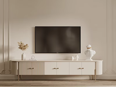 Modern Light Colored TV Stand with Drawers Cabinets Gold Legs and Decorative Vase Figurine 3d model