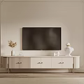 Modern Light Colored TV Stand with Drawers Cabinets Gold Legs and Decorative Vase Figurine