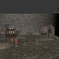 Ancient Courtyard Scene With Stone Walls Paved Ground Barrels Tables Clay Pots Brooms And Straw