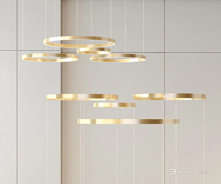 Modern Golden Circular Pendant Light Featuring Multiple Hanging Rings and Sleek Design 3d model 