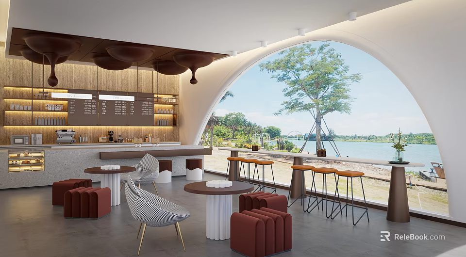 Modern Café Interior With Round Tables Chairs Bar Counter And Scenic Tree View 3d model 