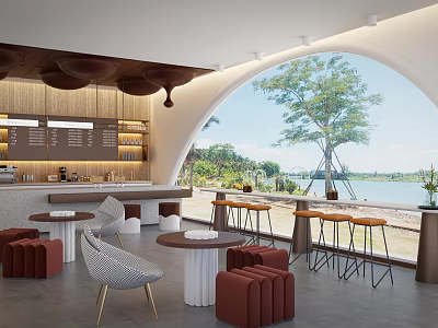 Modern Café Interior With Round Tables Chairs Bar Counter And Scenic Tree View 3d model