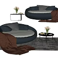 Round Navy Blue Sectional Sofa with Gray Throw Pillows Brown Blanket and Side Table 3d model