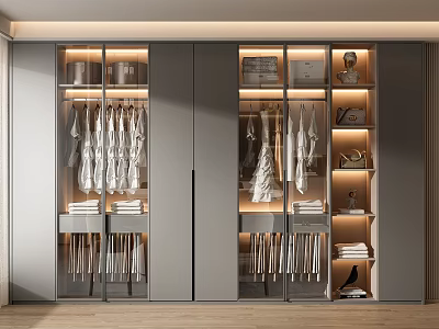 Modern Wardrobe Interior With Illuminated Shelves Hanging Rods And Storage Compartments 3d model
