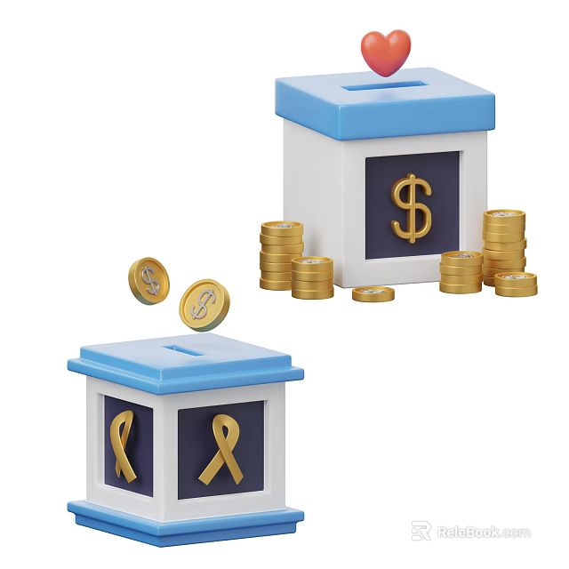 Charity Donation Boxes With Dollar Sign Yellow Ribbons And Gold Coin Stacks 3d model 