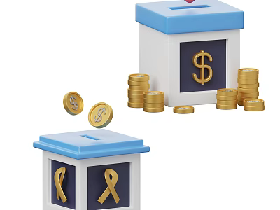 Charity Donation Boxes With Dollar Sign Yellow Ribbons And Gold Coin Stacks 3d model