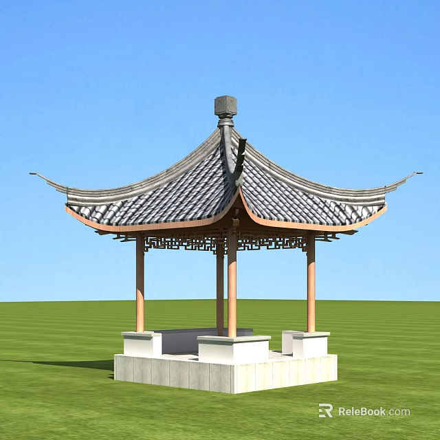 Traditional Landscape Pavilion With Tiled Roof Overhanging Eaves Wooden Pillars White Stone Base Green Grass 3d model 