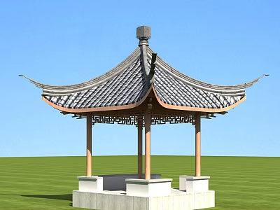 Traditional Landscape Pavilion With Tiled Roof Overhanging Eaves Wooden Pillars White Stone Base Green Grass 3d model