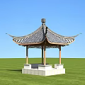 Traditional Landscape Pavilion With Tiled Roof Overhanging Eaves Wooden Pillars White Stone Base Green Grass