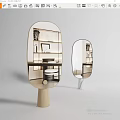 Oval shaped Mirrors with Wooden and White Bases Reflecting Interior with Shelves Desk and Chair