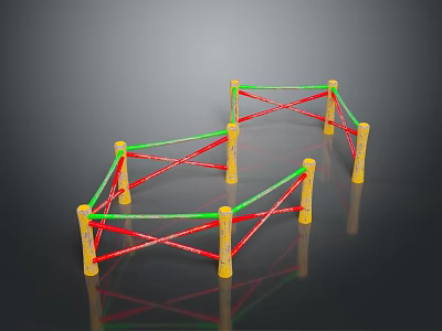 Scenic Outdoor Landscape With Yellow Pillars And Red Green Cross Line Structures 3d model