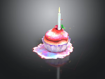 Delicious Cupcake With Lit Candle Strawberry And Green Decorations On Colorful Frosting Base 3d model