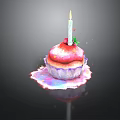 Delicious Cupcake With Lit Candle Strawberry And Green Decorations On Colorful Frosting Base