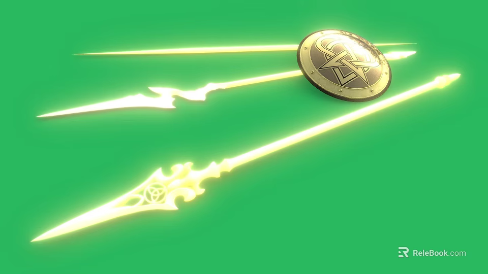 Golden Shield With Symbols And Glowing Decorative Spears On Green Background 3d model 