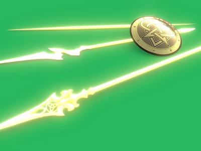 Golden Shield With Symbols And Glowing Decorative Spears On Green Background 3d model