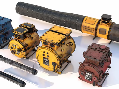 Assorted Industrial Equipment Featuring Yellow Blue Red Motors And Pipe Fittings 3d model