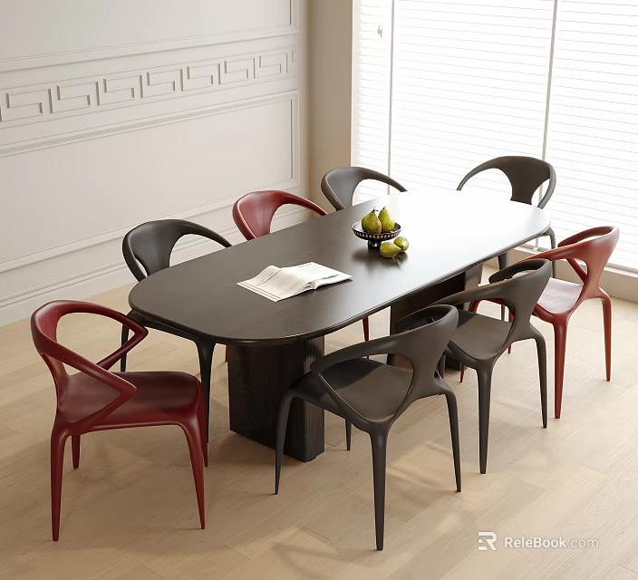 Oval Black Dining Table and Red Black Chairs in Bright Interior with Fruits and Napkin 3d model 
