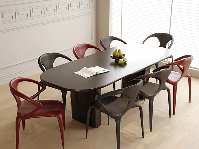 Oval Black Dining Table and Red Black Chairs in Bright Interior with Fruits and Napkin 3d model