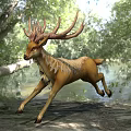 Mythical Deer With Large Antlers Standing By Forest River Golden Fur And Natural Wooded Background