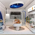 Modern Dessert Shop Interior With Starry Ceiling Astronaut Sculpture And Dessert Displays