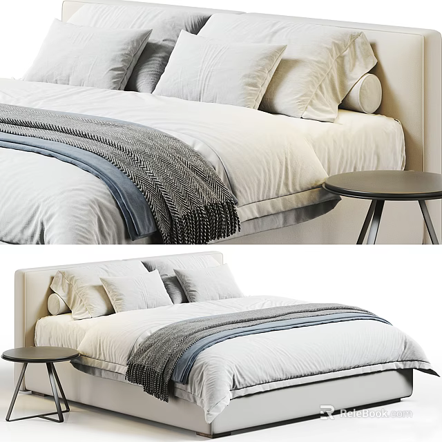 Modern Double Bed With White Bedding Gray Striped Blanket And Pillows Beside Wooden Bedside Table 3d model 