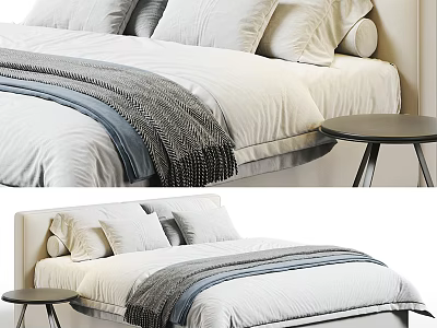 Modern Double Bed With White Bedding Gray Striped Blanket And Pillows Beside Wooden Bedside Table 3d model