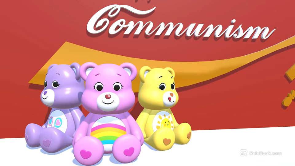 Commercial Equipment Displaying Colorful Stuffed Bears With Rainbow Sun Motifs And Communism Theme 3d model 