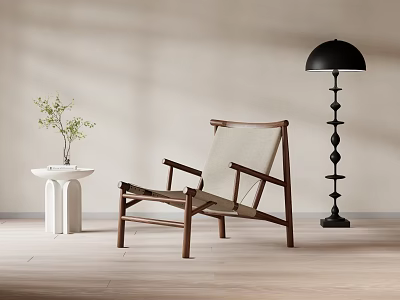 Modern Leisure Chair With Wooden Frame Light Cushion White Side Table And Black Floor Lamp 3d model