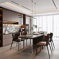 Modern Restaurant Interior With Dark Dining Table Leather Chairs And Marble Backsplash