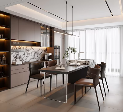 Modern Restaurant Interior With Dark Dining Table Leather Chairs And Marble Backsplash 3d model