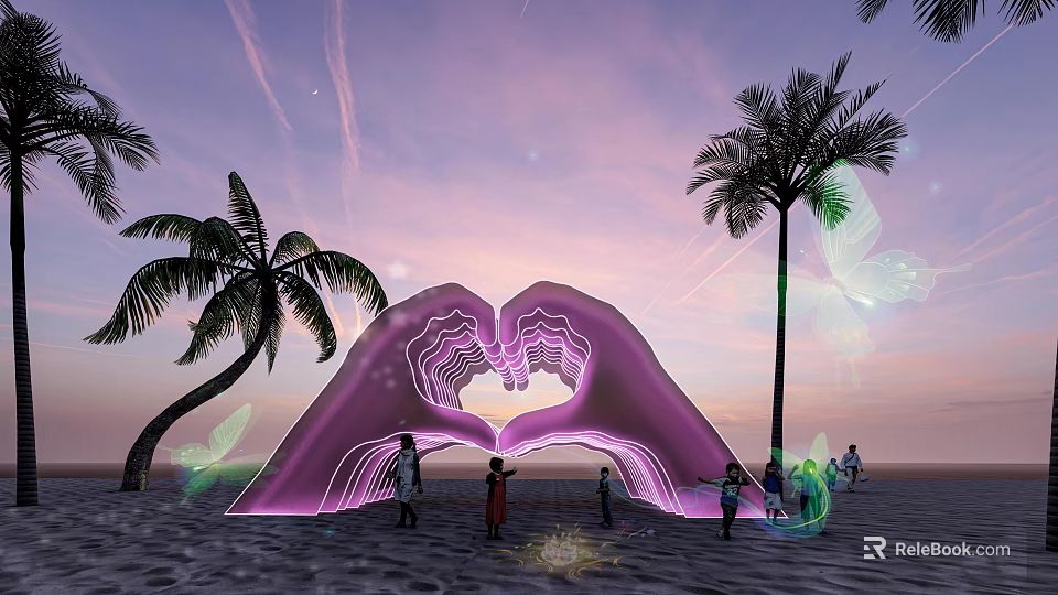 Purple Heart Shaped Hands Forming Heart on Beach With Palm Trees and Sunset Sky 3d model 
