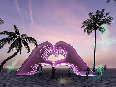 Purple Heart Shaped Hands Forming Heart on Beach With Palm Trees and Sunset Sky 3d model