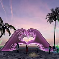 Purple Heart Shaped Hands Forming Heart on Beach With Palm Trees and Sunset Sky