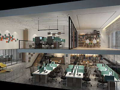 Modern Public Office Space Open Layout With Desks Computers Ergonomic Chairs And Bookshelves 3d model