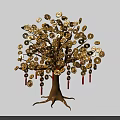 Lucky Ornamental Tree Decorated With Hanging Gold Coins And Red Tassels