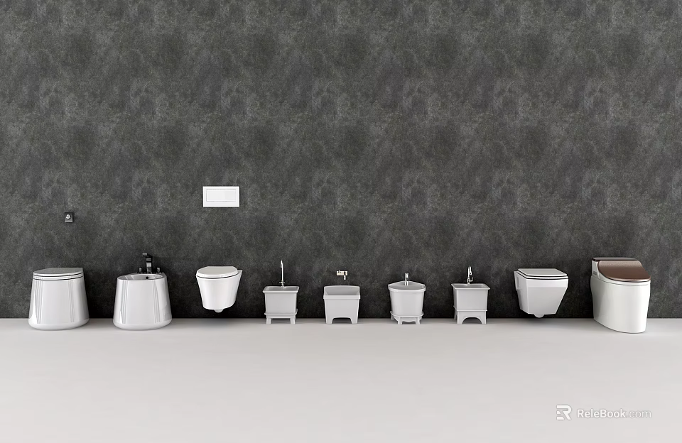 Various White Toilets With Different Designs Displayed Against Gray Wall 3d model 