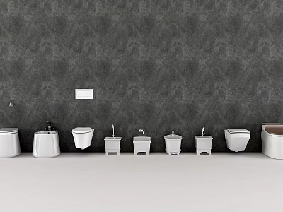 Various White Toilets With Different Designs Displayed Against Gray Wall 3d model