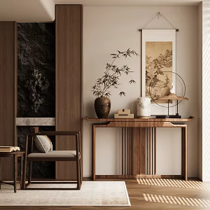 New Chinese Zen Style Piece New Chinese Duan Jing Piece New Chinese Hallway Piece New Chinese Duan Jing Tai Shi Chair Solid Wood Single Chair New Chinese Style Ornaments Combination Floriculture 3d model