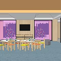 Kindergarten Interior Design With Wooden Walls Colorful Seats Tables And Geometric Furniture