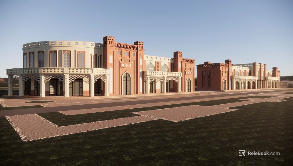Featuring Traditional Commercial Street With Brick Architecture Archways And Open Plaza 3d model 