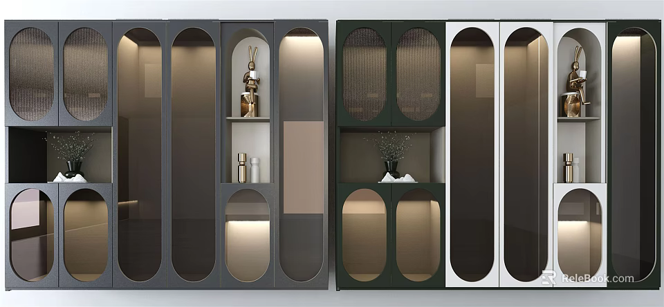 Modern Gray Green White Decorative Cabinets With Oval Cutouts Lighting And Displays 3d model 
