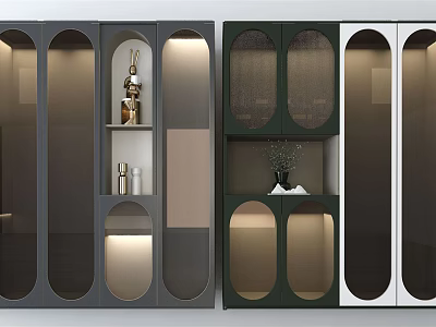 Modern Gray Green White Decorative Cabinets With Oval Cutouts Lighting And Displays 3d model