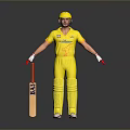 Cricket Player In Yellow Uniform With Helmet And Cricket Bat Standing