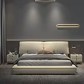 Modern Double Bed with Upholstered Headboard Gray Bedding Nightstand Strip Light and City Night View
