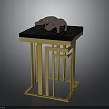 Small Table With Black Tabletop And Golden Metal Frame Featuring Two Pink Pig Shaped Ornaments