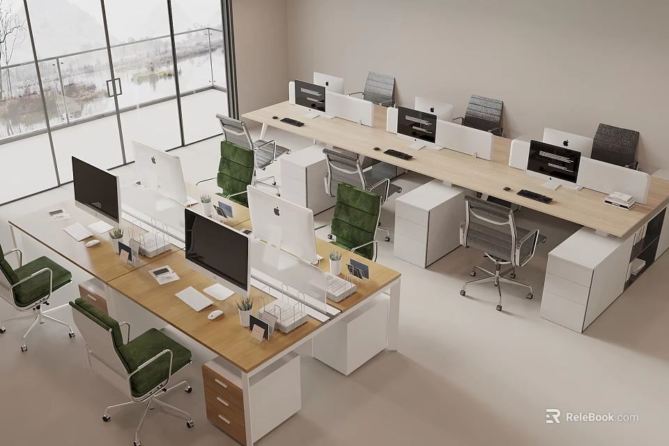 Modern Office Desk Setup With Multiple Workstations Computers Ergonomic Chairs And Large Windows 3d model 